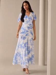 Lilora Elegant Lässig Pendler Raffungen Muster Kleid Städtischer Stil Blau Blumen Volant Ärmel Langes Kleid Städtische Lässig, Romantisch und Elegant, Ausgehen - Blau - Übersicht 6