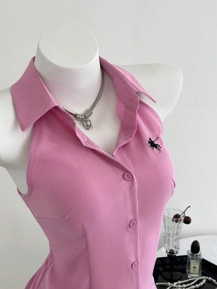 Elamini White Embroidered Fitted Sleeveless Pink Shirt, Spring/Summer - Pink - View 1