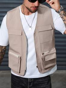 Manfinity Homme Men's Flip-Pocket Vest, Casual Street Outing Running Vest, For Fall - Brown - View 4