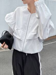 FRIFUL 女士休闲圆领拉链夹克，袖口带荷叶边，下摆带抽绳，百搭 - 白色 - 查看 4