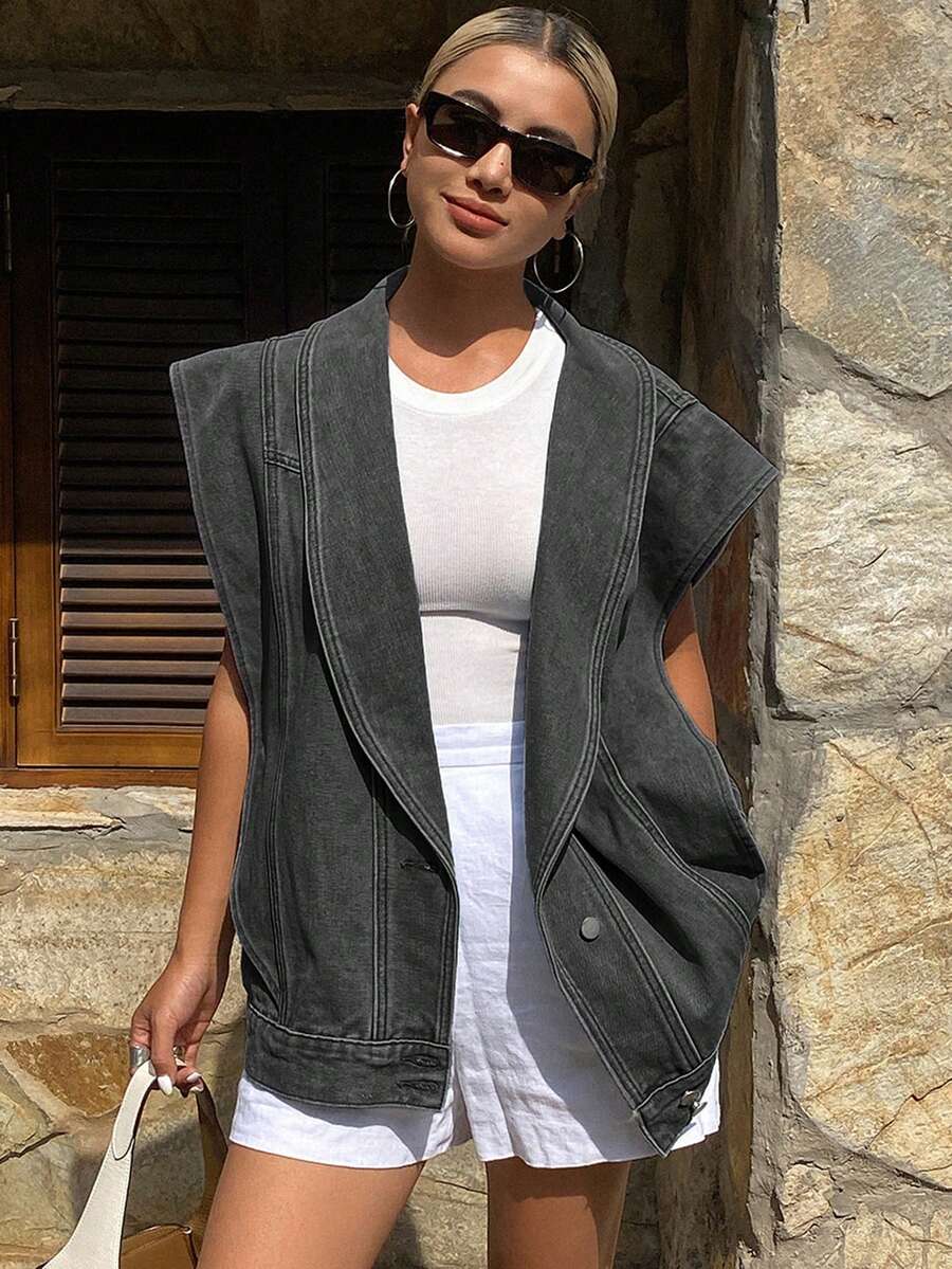 DAZY Chaqueta y abrigo de mezclilla de estilo informal, suelto y de vacaciones para mujer, nuevo modelo de verano para festival de música - Gris Oscuro - Ver 1