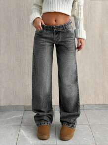 SHEIN Tall 高腰宽松直筒牛仔裤 - 淺灰色 - 查看 5