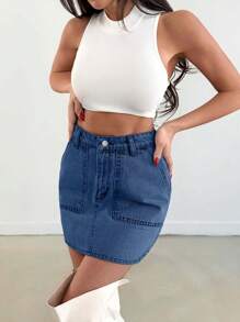 EURMUSE Minigonna di jeans casual con vita alta e tasche per donna - Blu lavato medio - Visualizzare 6