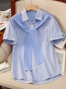 Franclia Capa de punto suelta informal a rayas azules y blancas, blusa informal de manga blanca al estilo francés, primavera/verano - Azul - Ver 1
