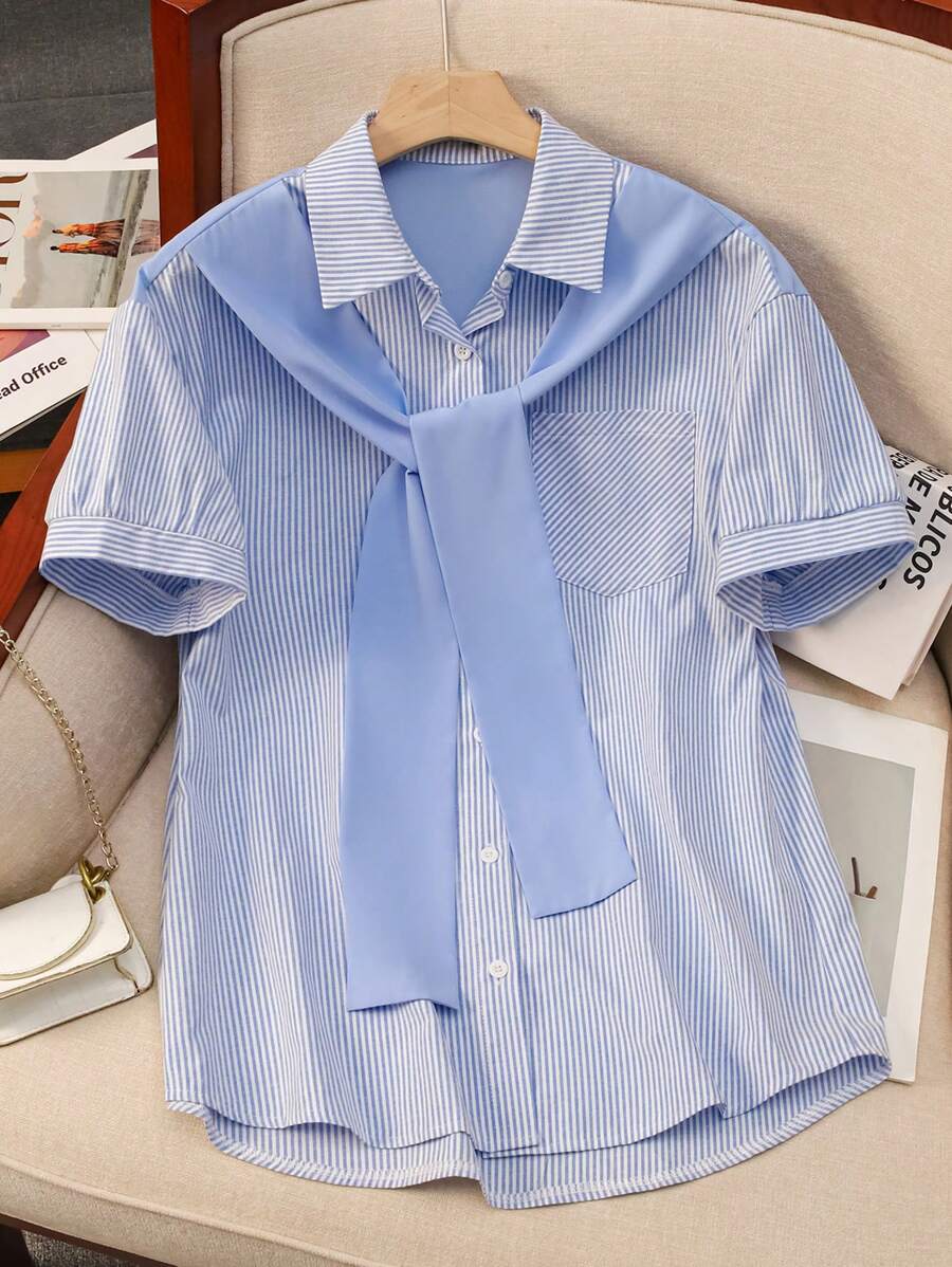 Franclia Capa de punto suelta informal a rayas azules y blancas, blusa informal de manga blanca al estilo francés, primavera/verano - Azul - Ver 1