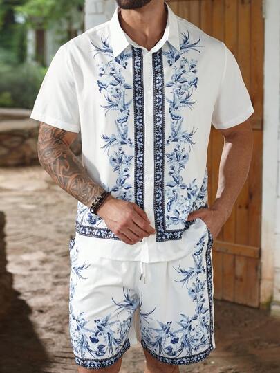 Manfinity Homme 2件套加大码男士短袖衬衫和宽松短裤