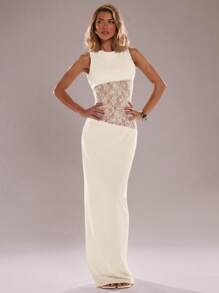 SHEIN BAE 女式黑色蕾丝拼布不对称无袖紧身连衣裙，性感度假透视连衣裙 - 杏色 - 查看 2