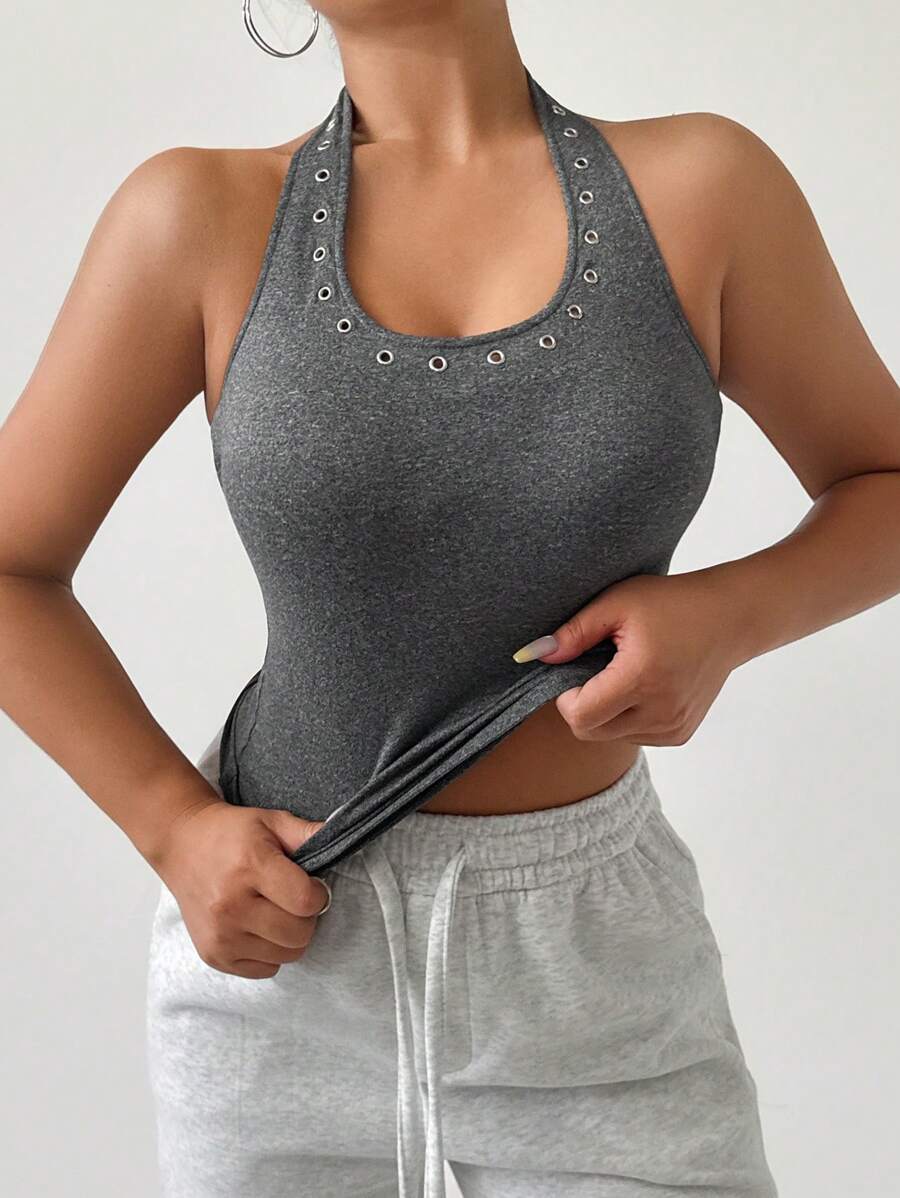 DAZY Top de tirantes con escote halter con decoración de remaches para mujer, ideal para verano y uso al aire libre - Gris - Ver 1