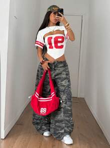 StreetHx 街头服饰女式休闲运动镂空数字 91 圆领二合一 T 恤 - 白色 - 查看 5