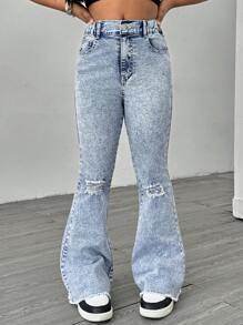 Sparklyn Teen Girls Washed Ripped Skinny Jeans, Casual Minimalist Style, Light Blue Denim Tween Girls Flare Leg Jeans Baggy Jeans Y2k, School, Campus, College Fall Winter - Light Wash - View 5