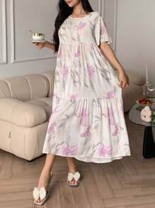 DAZY 女士花卉印花宽松短袖睡袍/睡衣裙，Moo Moo 睡衣裙 - 淺灰紫 - 查看 3