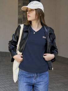 Jouncy Women's Casual Bowknot Print Short Sleeve T-Shirt, Summer - Royal Blue - View 4