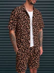 Manfinity Homme Men's Leopard Print Single Breasted Short Sleeve Shirt And Shorts Casual 2-Piece Set - Multicolor - View 2