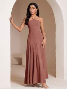Veilorie 2pcs Women Solid Color Long Sleeve Cropped Top And Halter Neck Dress Elegant Set - Red - View 3