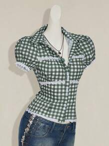 SHEIN ICON 女式泡泡袖格子纽扣休闲短袖格子印花衬衫 - 綠色 - 查看 5