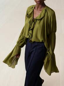 Aveloria Modichic Olive Green Blouse With V-Neck, Ruffle Trim And Lotus Sleeve Cuffs, Elegant Artistic Style & Art Casual For Autumn Walks And Cafe Chats Fall Cloth For Women - Multicolor - View 4