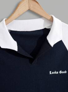 RueChic Camisa polo casual de manga raglán con impresión de letra para hombres