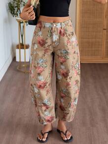 女式花卉印花高腰宽松锥形休闲牛仔裤 - 彩色 - 查看 6