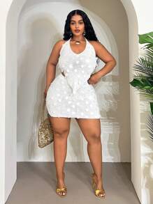 Slaydiva Conjunto de chaleco de punto con bloqueo de color de diseño minimalista de patrón de línea para mujer, otoño e invierno, suéter sin mangas holgado y conjunto de pantalones cortos ajustados. Vestido blanco de talla grande, vestido de ganchillo de talla grande, vestido de fiesta de talla grande, vestido de ganchillo blanco de talla grande, vestido blanco de talla grande - Beis - Ver 4