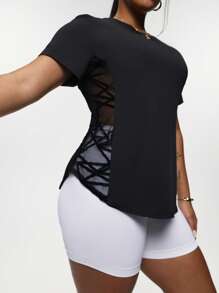 Rhythm Era Plus Size Women's Crew Neck Short Sleeve Geometric Mesh Splice Sports T-Shirt, Workout Top Gym Shirts - Black - View 1