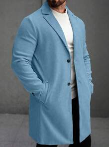 Manfinity Homme Men's Solid Color Lapel Neck Long Sleeve Casual Long Woolen Blue Overcoat , Fall - Teal Blue - View 7