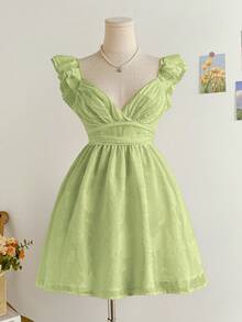 Soleia Women's Vacation Romantic Cutout Textured Fabric V-Neck Double Layer Flutter Sleeve Crisscross Back Mini Dress With Faux Pearl Embellishment, A-Line Silhouette, Suitable For Party, Valentine's Day, Date, Wedding, Afternoon Tea Light Green Dress Green Sundress Sage Dress Lime Green Dress Cottagecore Dress Sage Green Dress