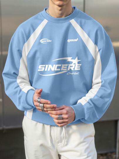 Manfinity Roghcode Sudadera de cuello redondo con estampado de letras, manga raglán y manga larga, color azul claro, estilo streetwear de los 90, sudadera casual para hombre, sudadera gráfica, otoño