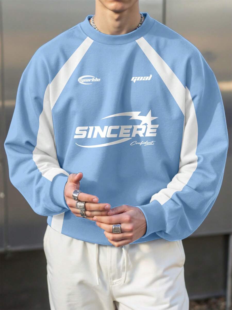 Manfinity Roghcode Men's Letter Print Round Neck Raglan Long Sleeve Pullover Light Blue Sweatshirt Streetwear 90s Style Sweatshirt, Men's Casual Sweatshirt, Graphic Sweatshirt , Fall