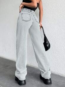 SHEIN Cottnline Women's Loose Straight Leg Jeans With Pockets, Casual & Versatile - Baby Blue - View 2