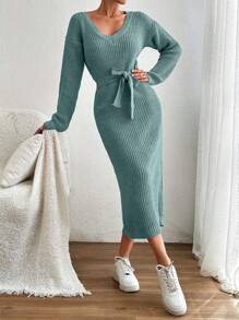 EURMUSE Cotton V-Neck Tie-Waist Design Medium-Length Bodycon Women Sweater Dress,Petite - Mint Green - View 5