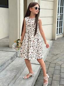 SHEIN Robe décontractée à col rond, imprimé kaki avec nœud papillon à la taille et dos, coupe évasée, pour les préadolescentes, pour tous les jours - Kaki - Voir 5