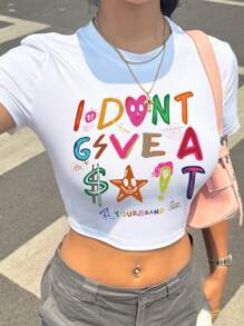 SHEIN Slayr 女式夏季短袖圆领短款 T 恤，带字母和星星印花，图案女式 T 恤我不给 - 白色 - 查看 1