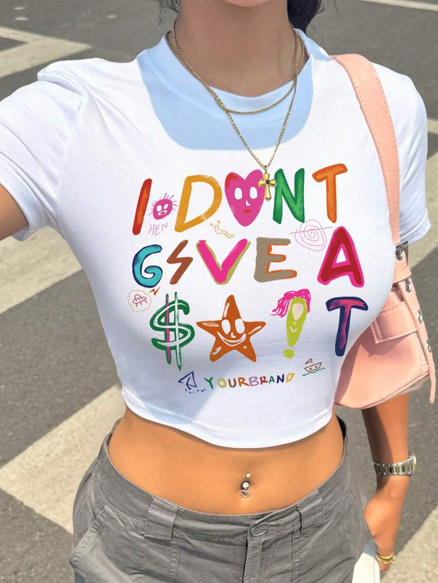 SHEIN Slayr 女式夏季短袖圆领短款 T 恤，带字母和星星印花，图案女式 T 恤我不给 - 白色 - 查看 1