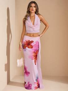 SHEIN BAE Bộ váy maxi 2 mảnh phong cách Boho dành cho nữ, áo cổ lọ buộc dây sau lưng họa tiết hoa màu hồng và chân váy dệt dài - Hồng - Xem 2