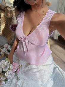 Jouncy 女士休闲纯色蕾丝边无袖粉色背心，夏季，生日礼物 - 粉色 - 查看 5