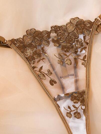 Semi Doorschijnende Coffee Bruin Bloemen Matching BH Slipje Set Everyday Elegance Kanten Lingerie Sets Panties Geborduurde view 4