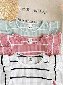 LMoss Kids Baby Girl 3pcs/Set Knit Striped Round Neck Fitted Top Set - Multicolor - View 6