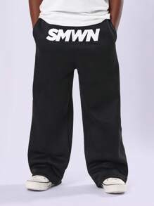 SUMWON SMWN Wide Leg Sweatpants Cozy Fleece Wear Winter Fall Comfortable Everyday Youth Casual Loose Fit Pants With Side Pockets - Black - View 1