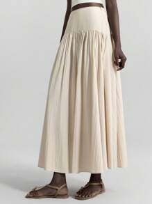 Ontre 2026春夏女士都市纯色百褶A字裙，轻盈休闲优雅度假风，松紧腰褶皱长款休闲裙，适合茶会、度假派对、节日装扮，时尚百搭的女士派对度假裙 - 杏色 - 查看 4