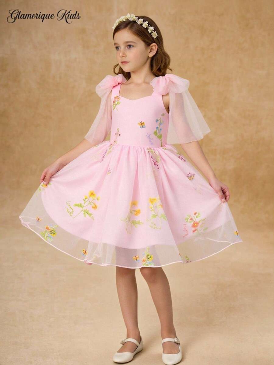 SHEIN Glamorique Kids 复活节花童生日派对婚礼礼服，女孩细肩带绿色薄纱蝴蝶结前公主刺绣芭蕾舞裙，适合舞台表演、派对、摄影，四季皆宜 - 西瓜粉 - 查看 1