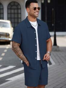 Manfinity Homme Conjunto de camisa casual de botones de talla grande para hombres, 2 piezas de camisa abotonada de verano para hombres - Azul - Ver 3