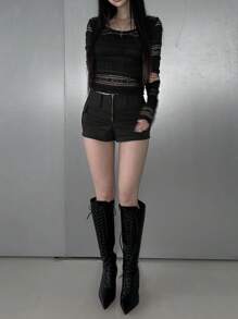 DAZY 女款大廓型性感哥德風圓領透視蕾絲黑色長袖上衣，適合春夏萬聖節與秋季，女裝夜店聚會穿搭 - 黑色 - 查看 4