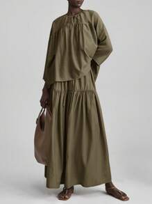 Ontre Váy suông màu trơn có dây rút eo nhún bèo cho nữ mùa hè/thu, thanh lịch cho kỳ nghỉ lễ hội âm nhạc bãi biển - màu nâu - Xem 2