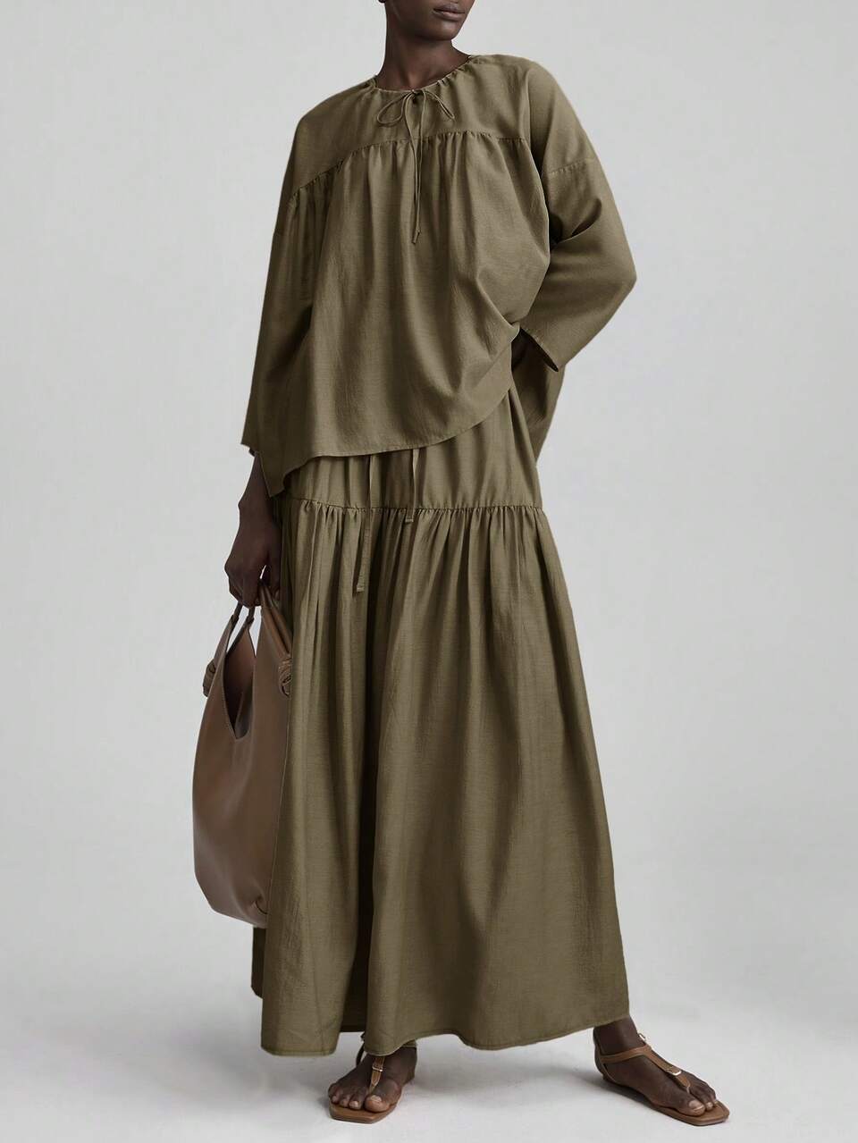 Women Summer/Autumn Solid Color Drawstring Waist Ruffle Hem Casual Skirt, Elegant Vacation Beach Music Festival