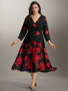 Flouryn 加大码优雅花卉印花长裙，春秋季长款女装 - 黑色 - 查看 3