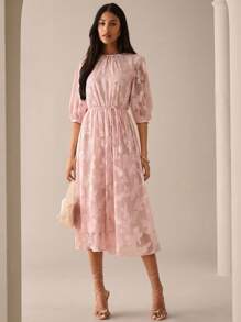 Lilora Women All-Over Print Tie-Knot Midi Dress, Elegant Summer Urban Style Pink Midi Round Neck Dress Romantic And Elegant Urban Leisure, Romantic And Elegant, Going Out - Baby Pink - View 4