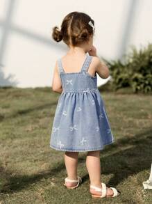 Cozy Pixies Baby Girl Bow Decor Tie Waist Denim Jumper Dress - Blue - View 2