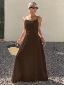 DAZY Vestido casual de longitud media sin espalda con lazo y sin mangas de color liso para mujer de vacaciones