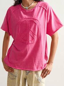 Bohemela Tricou casual de culoare solidă tricotat cu guler rotund, mânecă scurtă, lejer, stil uzat, pentru femei - Roz - Vizualizare 1