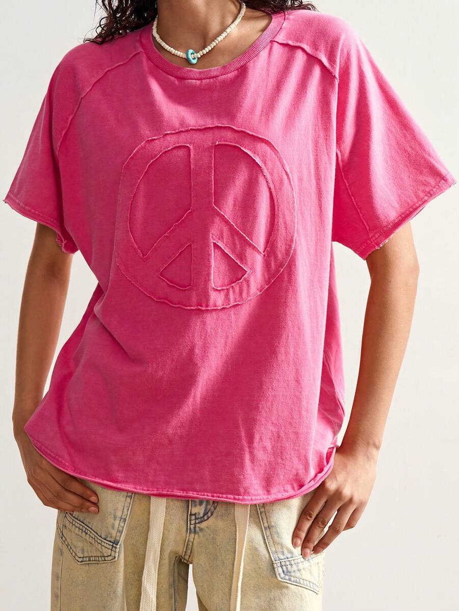 Bohemela Tricou casual de culoare solidă tricotat cu guler rotund, mânecă scurtă, lejer, stil uzat, pentru femei - Roz - Vizualizare 1